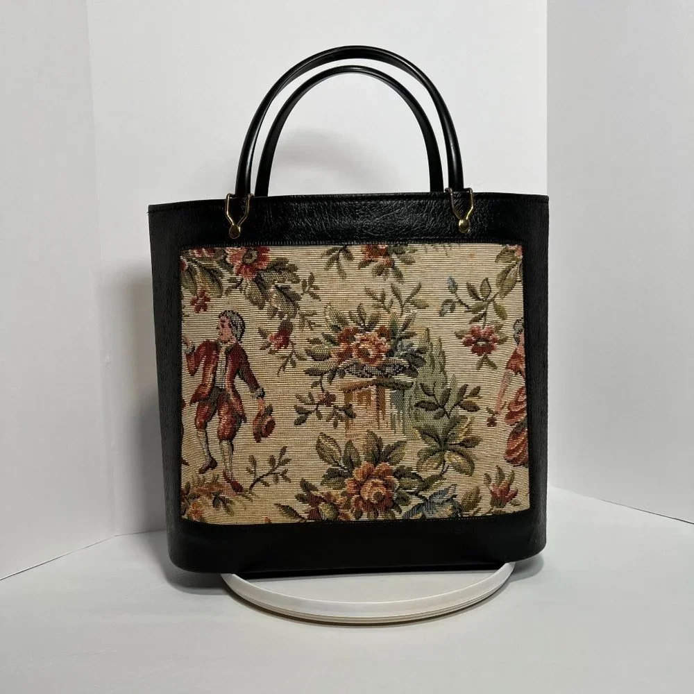 Vintage Handbag‎ Black with Tapestry Front craft bag hard side purse granny bag